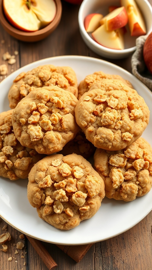 A plate of golden brown apple crumble cookies with apple chunks and oat topping on a rustic wooden table.